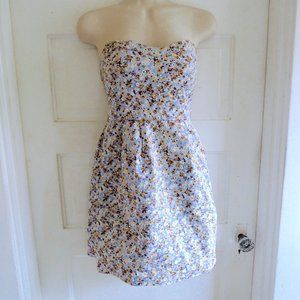 Blue & Brown Floral Strapless Smocked Mini Dress S/M